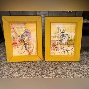 vintage 1970s Holly Hobbie framed print Bicycle Wall Art (Set of 2) bonnet sprin